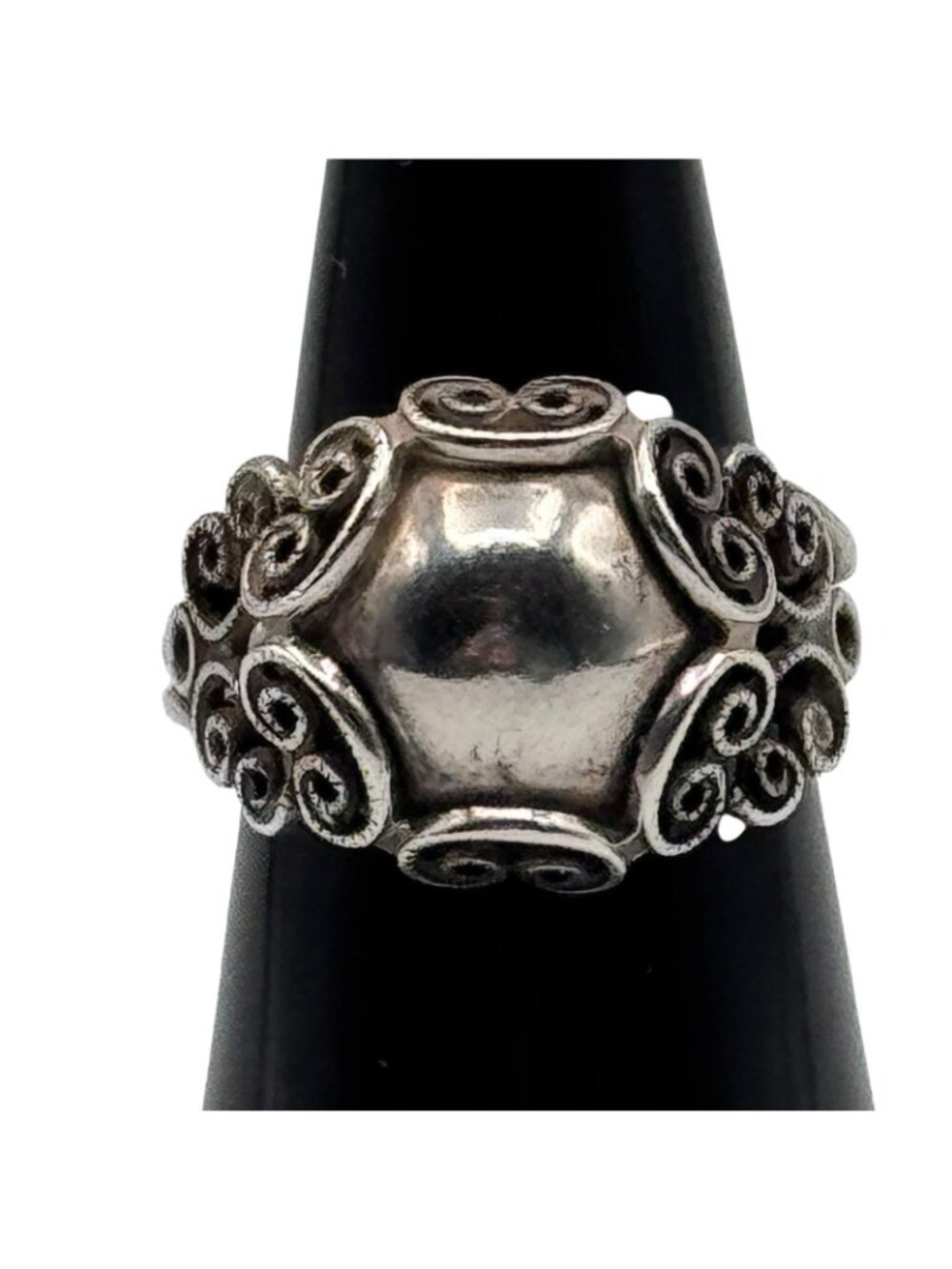 Beau Sterling Dome Ring Filigree Art Nouveau Revival Vintage 1970s Adjustable - Picture 4 of 10